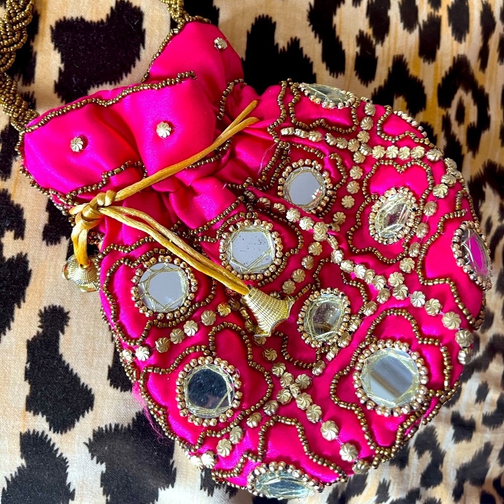 Salmon pink and gold Indian bag